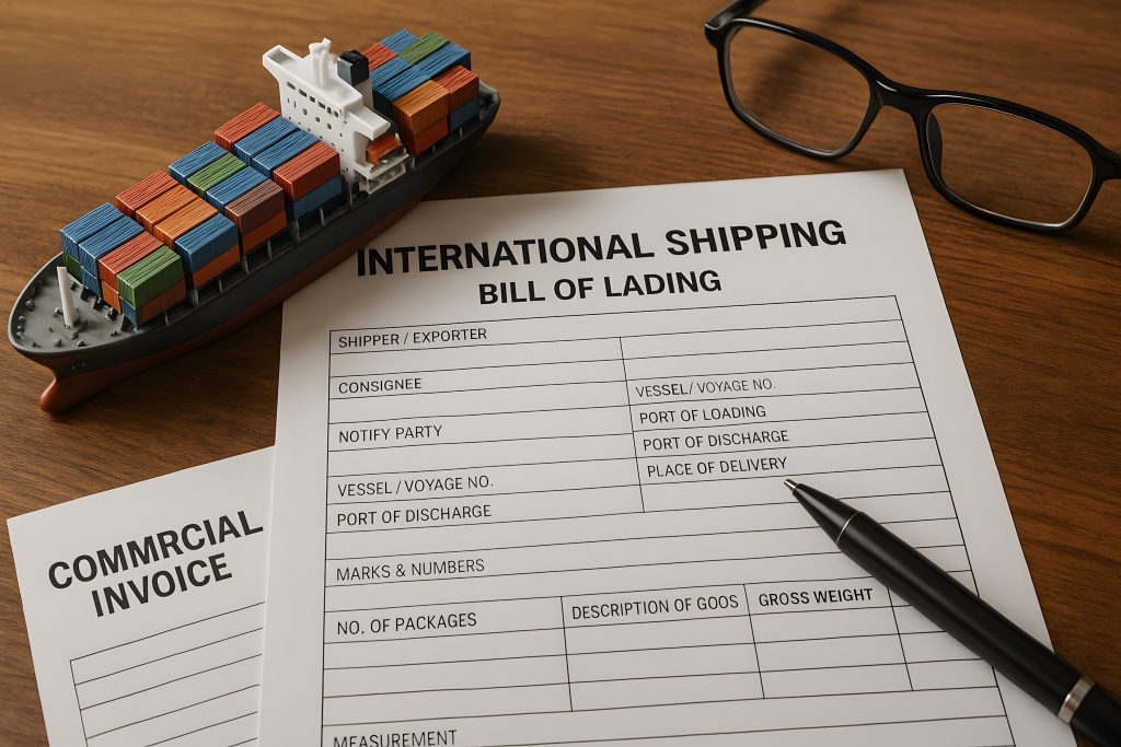 International shipping documents for China garlic export, bill of lading and commercial invoice